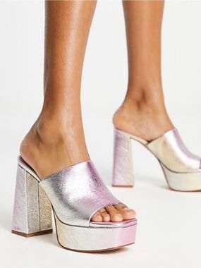 Aldo Cassey Leather Iridescent Metallic Platform Mules 8.5